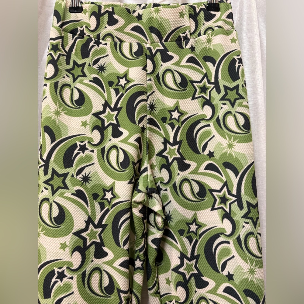 Dolls Kill BADEE Milky Way Groovy Swirl Flare Pants Cropped M Green Black Y2K - Picture 9 of 10